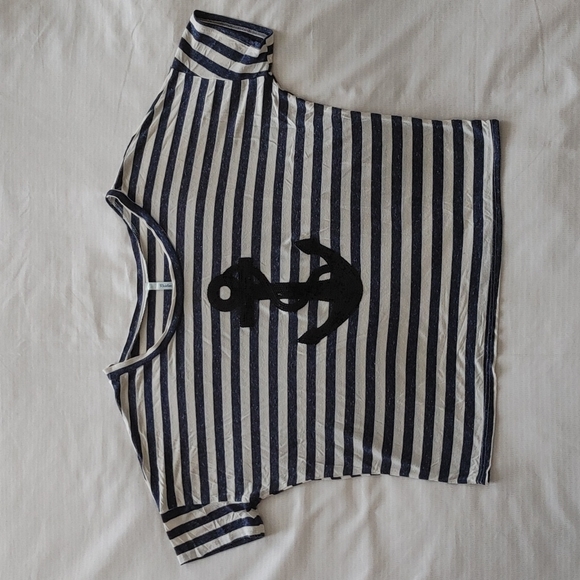Reckless Hearts navy stripe cropped tee sequin anchor - Picture 1 of 5
